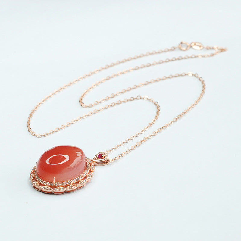 Pigeon Egg Agate Pendant with Double Zircon Halo Necklace