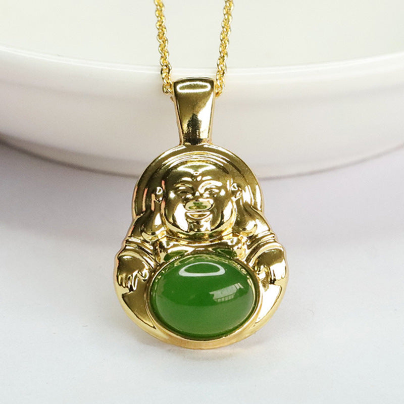 Maitreya Buddha Hetian Jade Pendant with Jasper in Sterling Silver