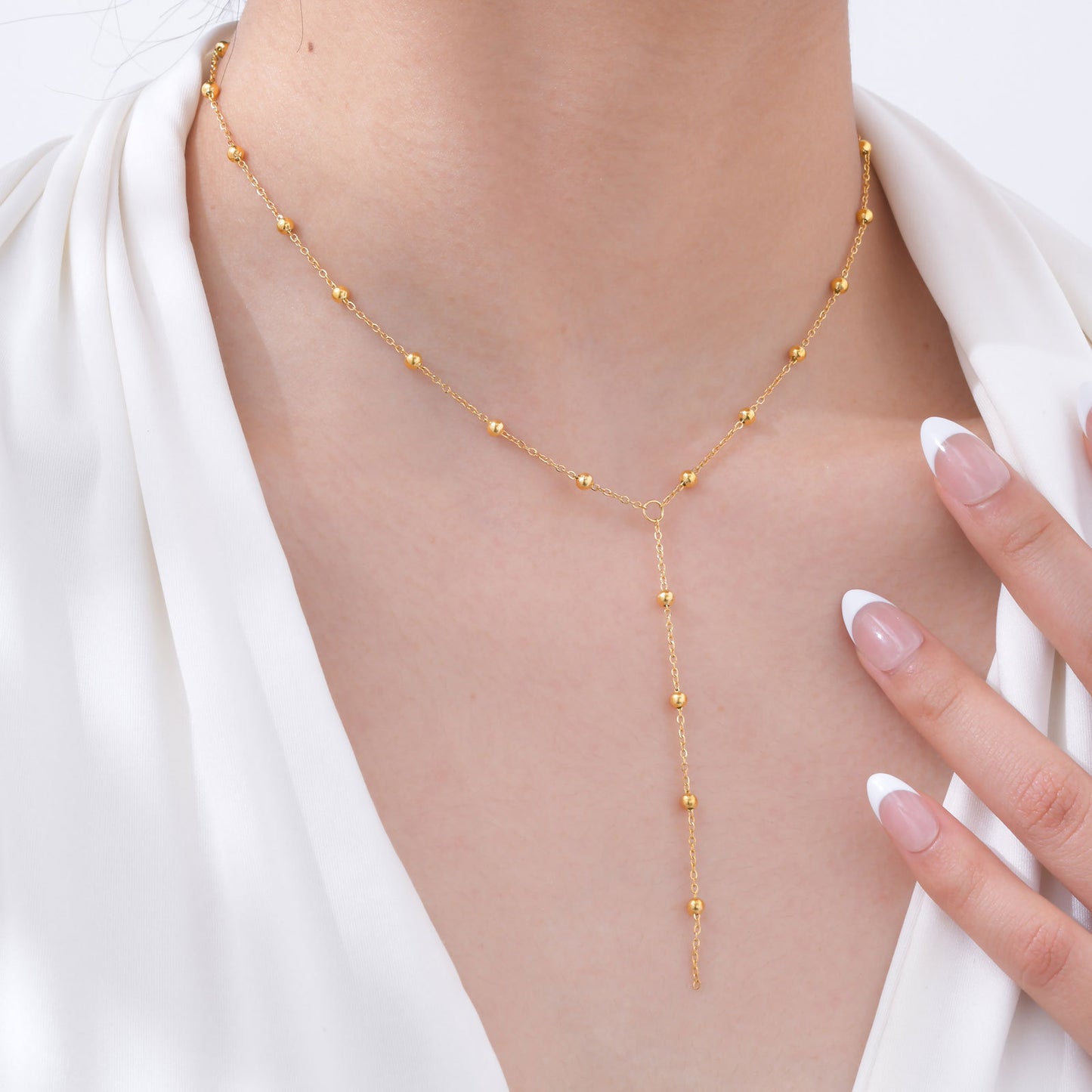 Stainless Steel Bead Chain Y-Shaped Gold Necklace Women's