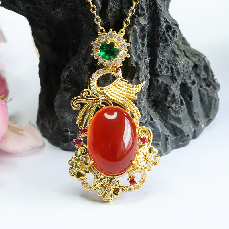 Oval Red Agate Phoenix Pendant Zircon Necklace