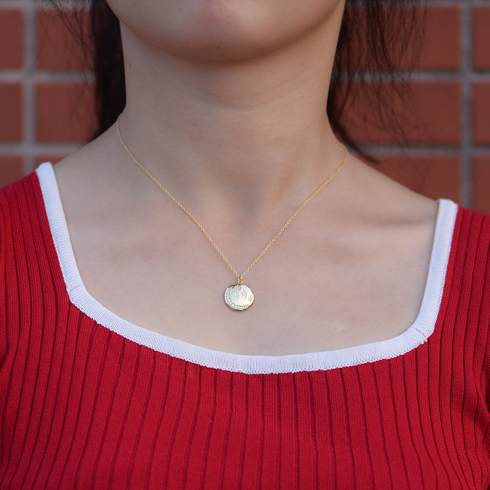 S925 Sterling Silver Round Coin Star Moon Necklace Wind Inlaid Zircon Women