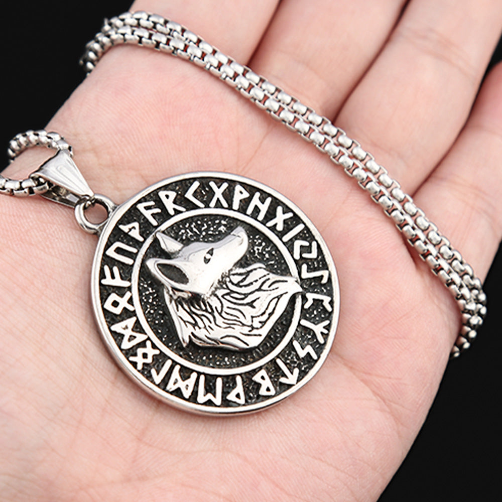Titanium Steel Viking Wolf Head Pendant Retro Rune Necklace