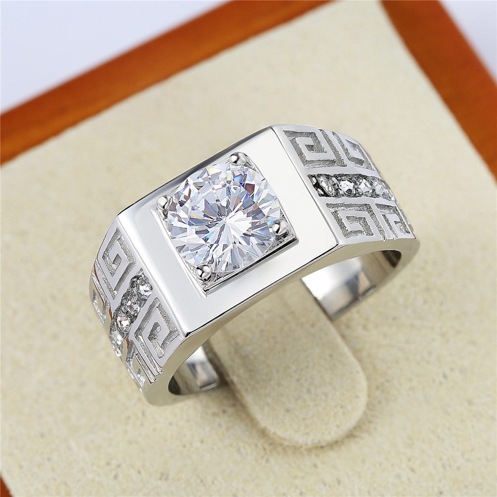 Men's Titanium Steel Zircon Wedding Ring with Great Wall Pattern