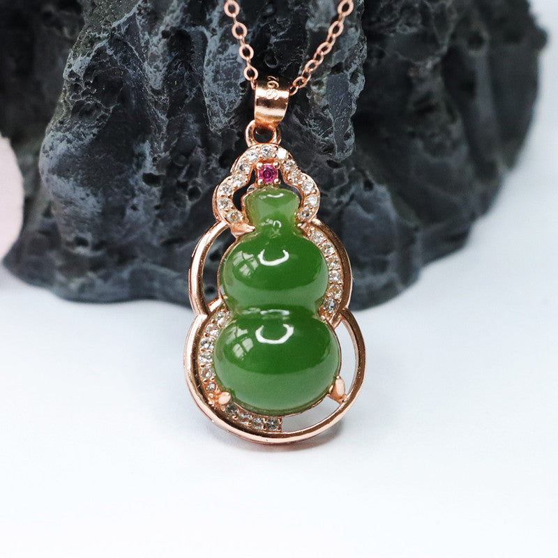 Zircon Necklace with Sterling Silver Gourd Pendant Featuring Natural Hetian Jade and Jasper Edge