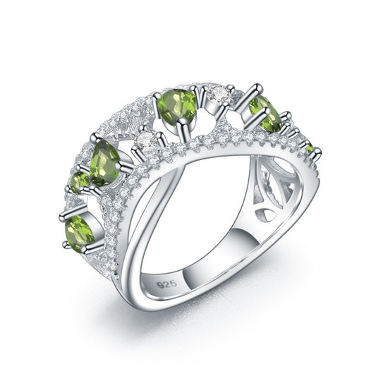 Double Layer Hollow Wave Natural Diopside Silver Ring