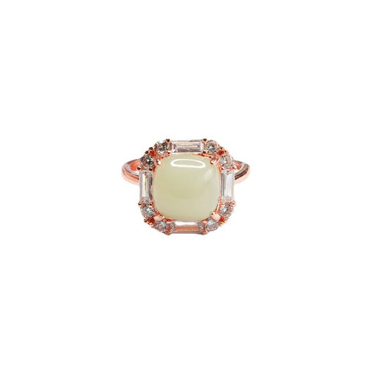 Elegant Hetian Jade and Zircon Sterling Silver Ring with Adjustable Fit