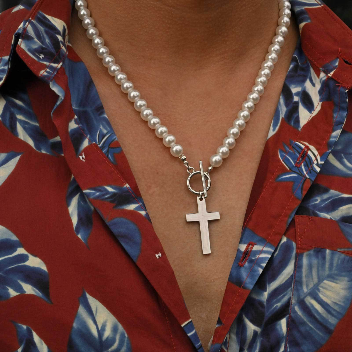Stainless Steel Kusa Casual Cross Pendant Imitation Pearl Necklace Steel Color
