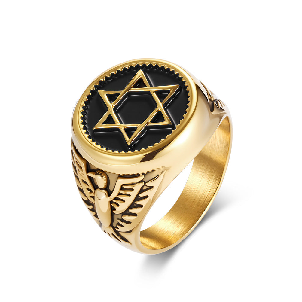 Hexagram Bald Eagle Stainless Steel Ring Men's David Star