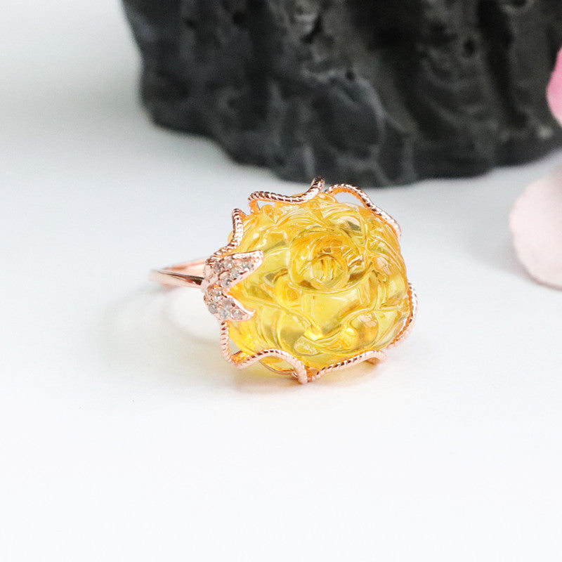 Peony Blossom Sterling Silver Amber Ring
