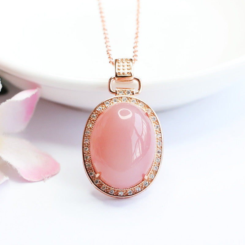 Natural Pink Agate Pigeon Eggs Pendant Necklace with Zircon Halo in S925 Silver