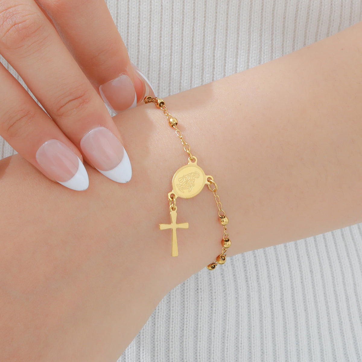 Stainless Steel Bead Chain Cross Gold Bracelet Female