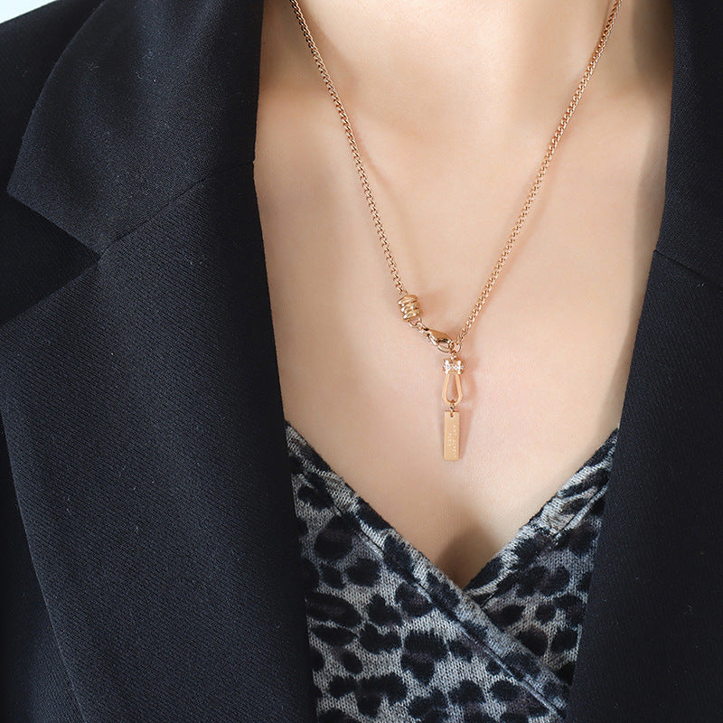 Exquisite Diamond-Encrusted U-Shape Necklace with Long Card Pendant