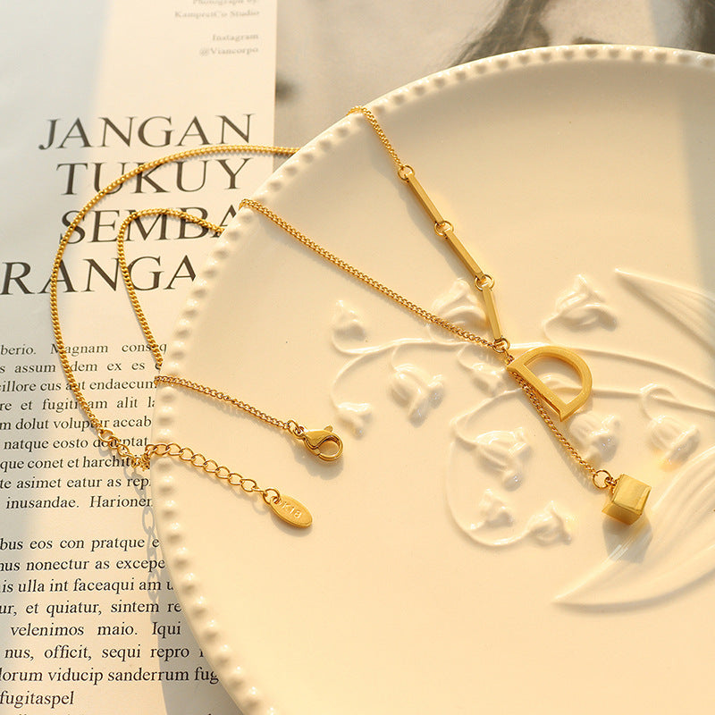 Golden Square Pendant Necklace with Titanium Plating - Stylish European and American Design