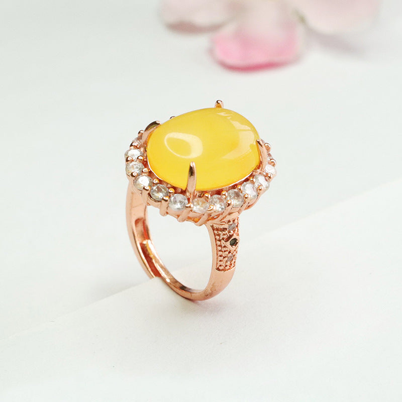 Amber Beeswax Ring with Zircon Halo Sterling Silver Court Style Jewelry