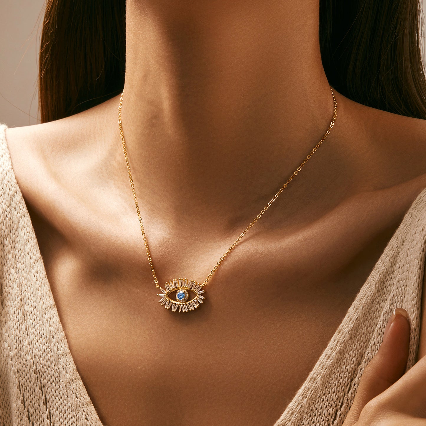 Planderful Collection S925 Sterling Silver Zircon Blue Eye Necklace – Vintage Irregular Ladder Square Design