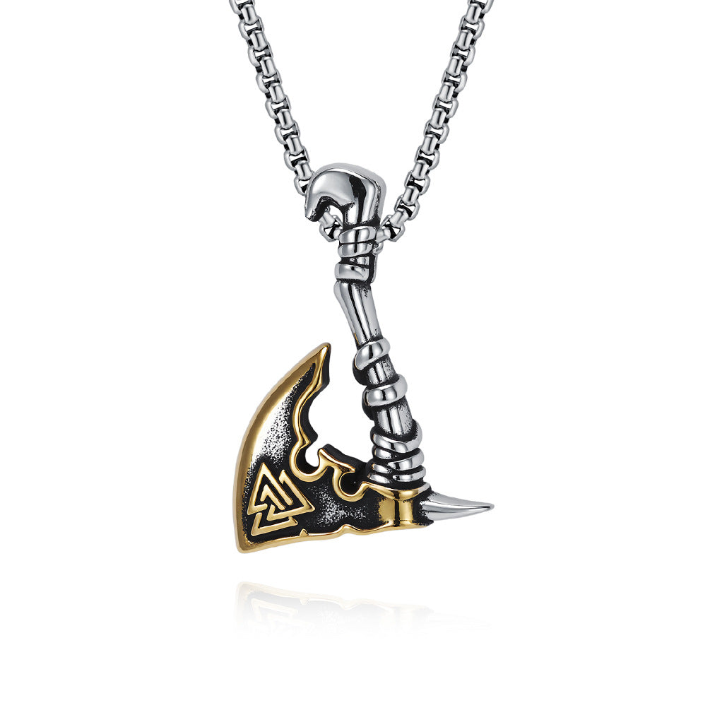 Planderful Viking Axe Pendant Stainless Steel Triangular Knot Nordic Retro For Men Bold Statement Necklace