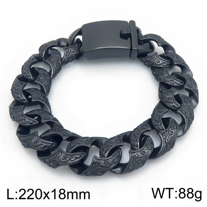 Punk National Style Men's Bracelet Double-Sided Tang Grass Pattern Thick Cuban Chain