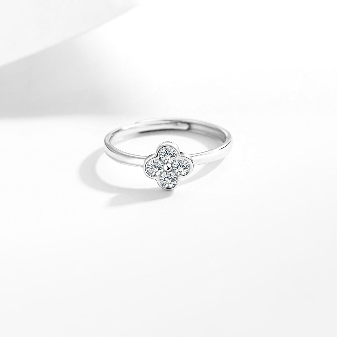 Planderful S925 Sterling Silver Four Leaf Clover Zircon Ring For Women Adjustable