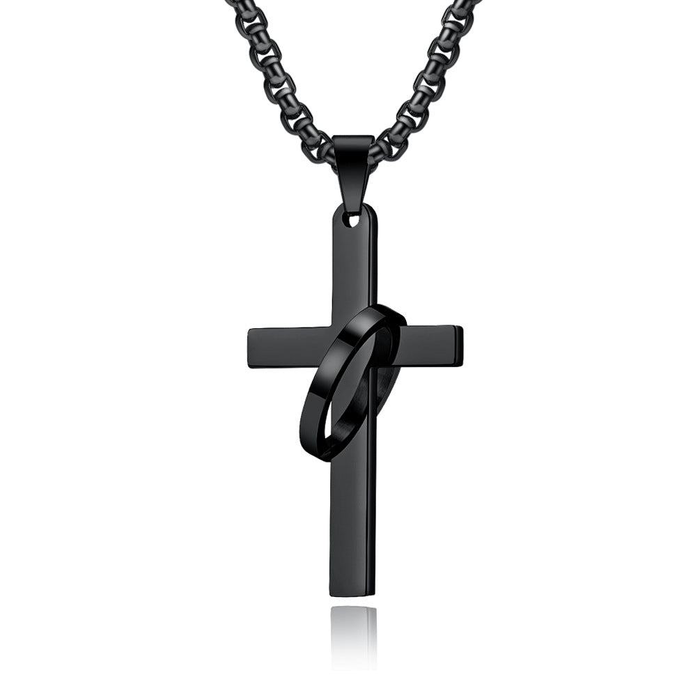 Planderful Titanium Steel Cross Necklace For Men Trendy Hip Hop Pendant With Glossy Ring Personalized Jewelry