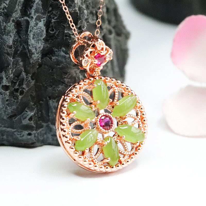 Jade Hollow Flower Necklace with Marquise Circle Design