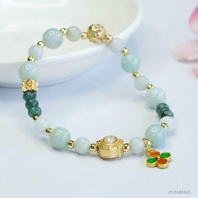 Blue Water Jadeite Four-Leaf Clover & Abacus Bead Bracelet