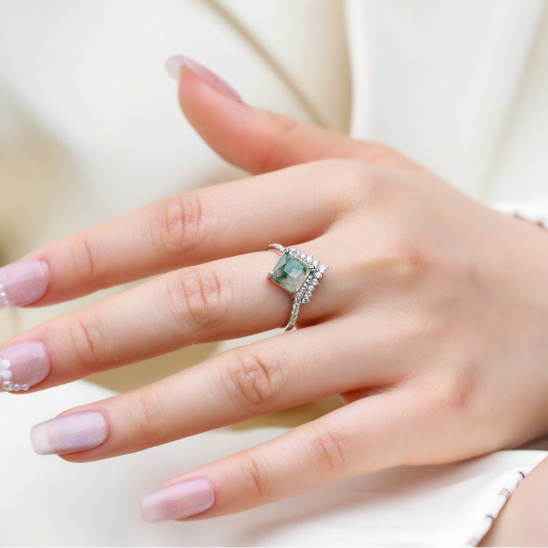 Planderful Jewelry Geometric Princess Square Agate Ring In Sterling Silver With Zircon Accents