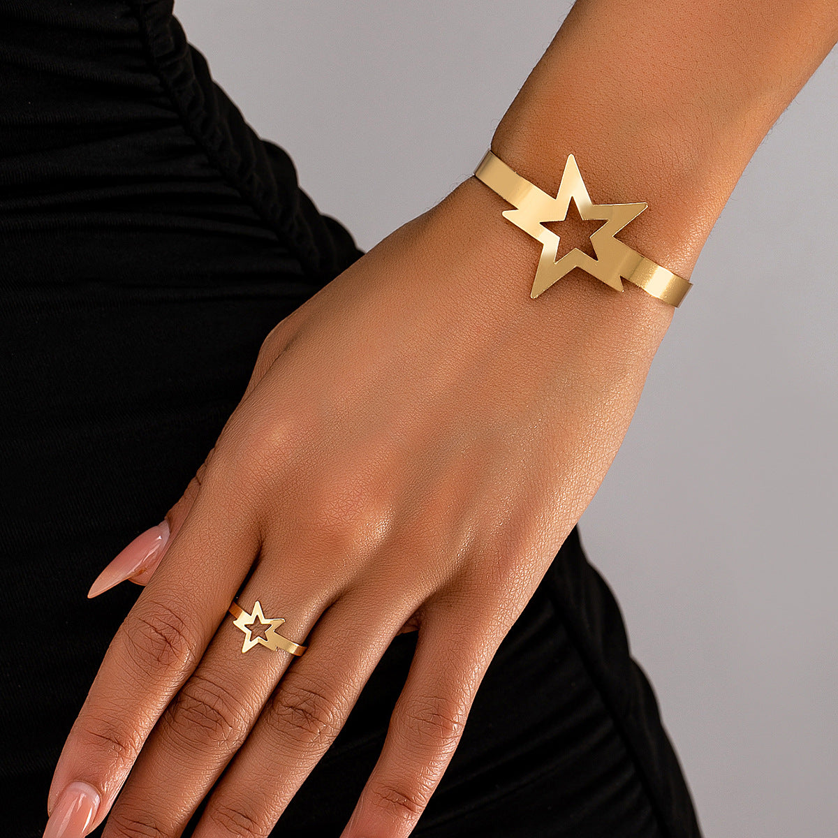 Minimalist Metal Pentagram Bracelet and Ring Set for Women