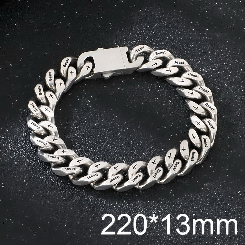 Niche Hip Hop Cross Beast Bracelet – Stainless Steel Engraved La Sand Cuban Chain Men's