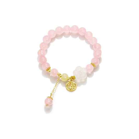 Lucky Charm Sterling Silver Bracelet with Natural Pink Crystal, White Agate, and Hotan Jade