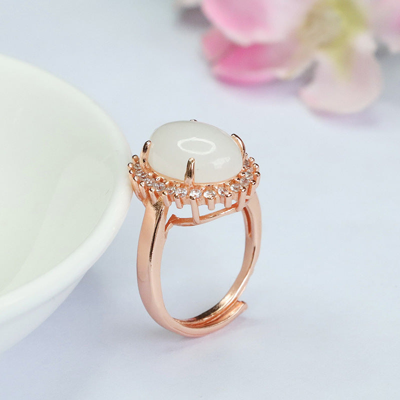 Elegant Oval White Jade Ring with Zircon Halo