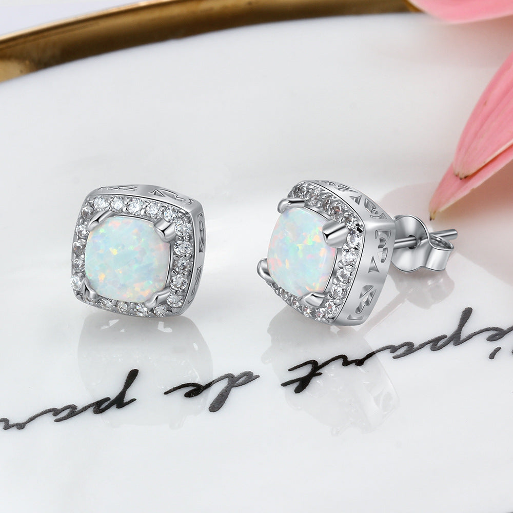 Planderful Jewelry Sterling Silver Opal Stud Earrings With Zircon Halo In Elegant Round Design
