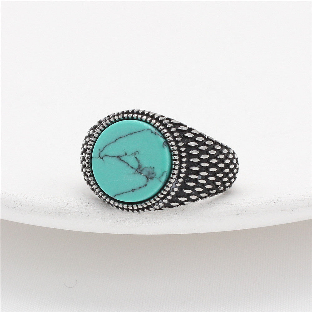 Planderful Turquoise Stone Titanium Steel Ring Unisex Retro European And American Style Personalized Protection