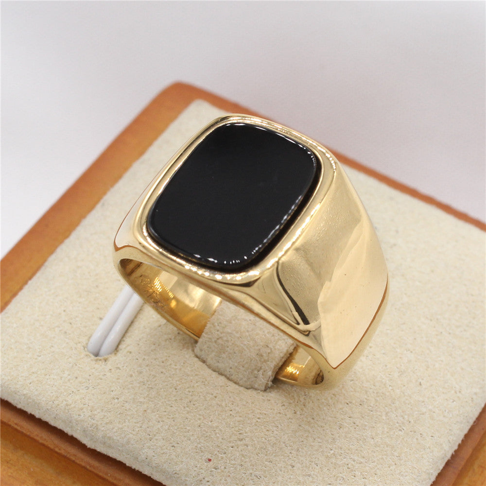 Planderful Everyday Genie Titanium Steel Ring for Men and Unisex Black Stone Rectangular Modern Protection