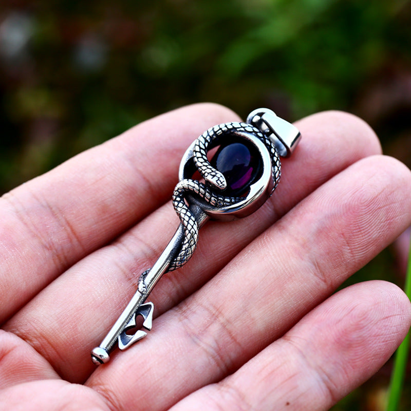Retro European and American Titanium Steel Pendant with Stone Inlay - Men's Cross-Border Snake Key Disc Accessory