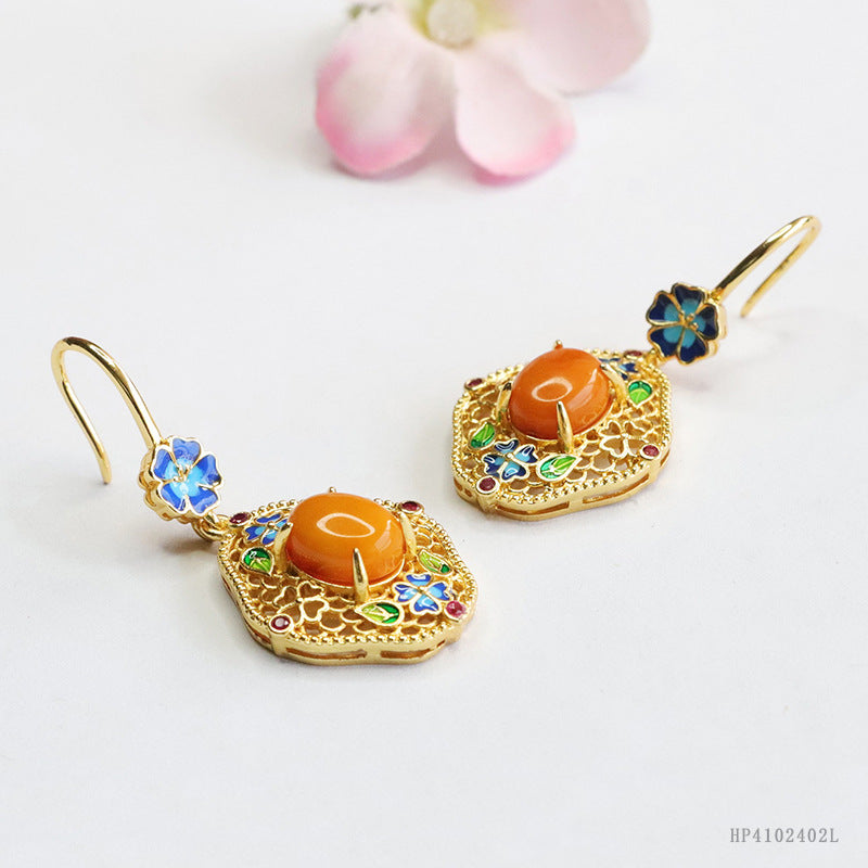 Beeswax Amber Enamel Flower Drop Earrings