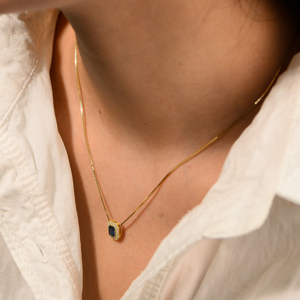 Planderful S925 Sterling Silver Necklace With Blue Zircon Square Pendant For Women Elegant Light Luxury Collarbone Chain