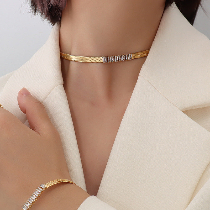Zirconium Steel Necklace and Bracelet Set with 18K Gold Plating