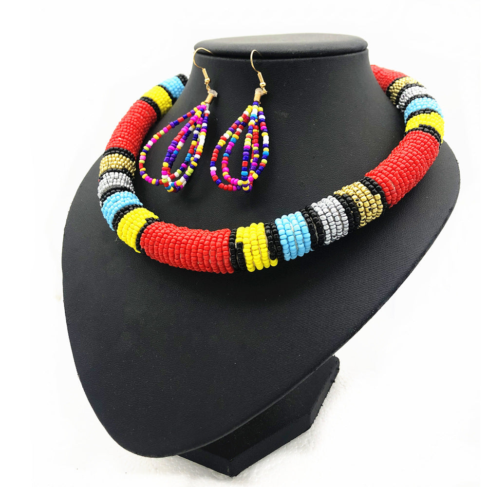 African Style Beaded Necklace Set with Earrings