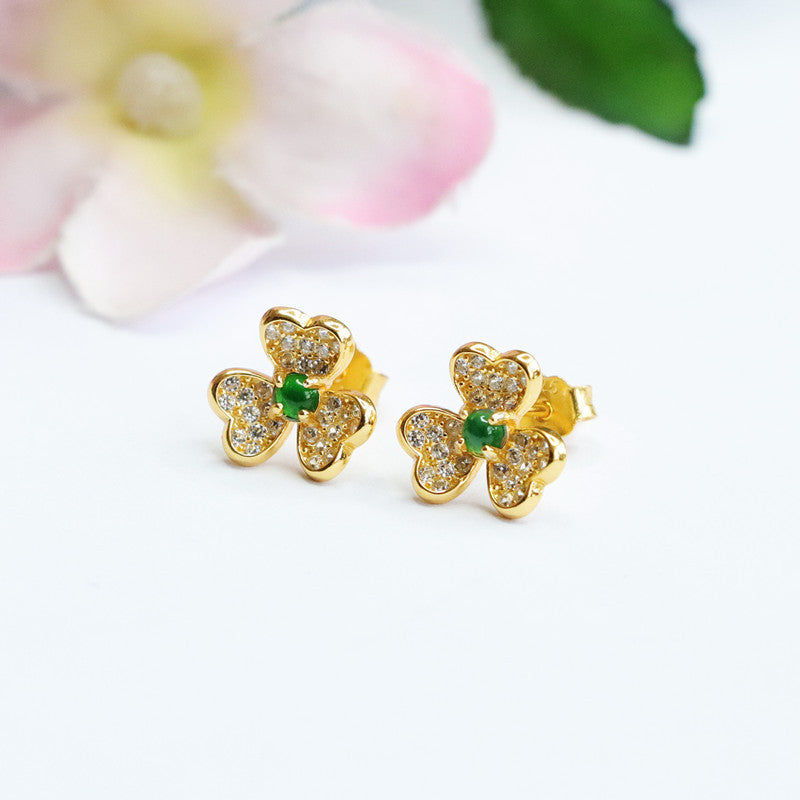 Fortune's Favor Collection: Genuine Jade Clover Stud Earrings