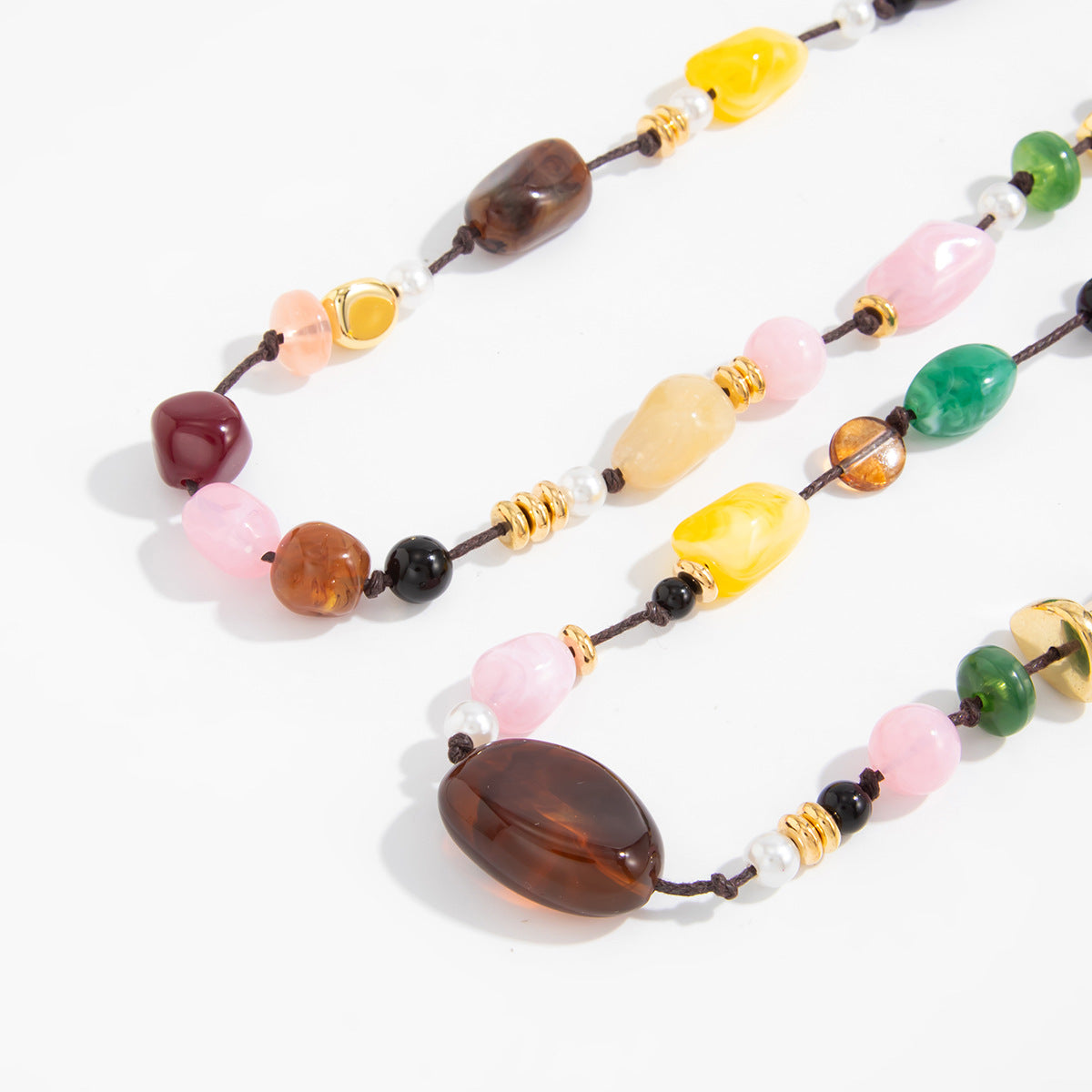Contrasting Color Stone Beaded Double-Layer Pearl Necklace Holiday Style Retro Handmade Woven