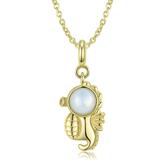 Golden Cute Sea Horse Pendant Opal Stone Silver Necklace