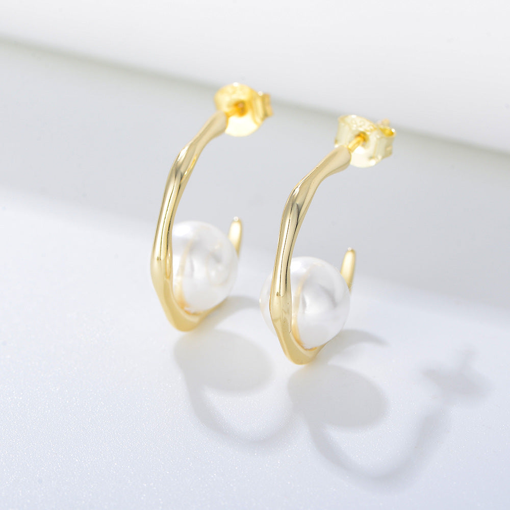 Geometric C-Shaped Shell Bead Silver Stud Earrings S925 Sterling Silver Pearl Earrings