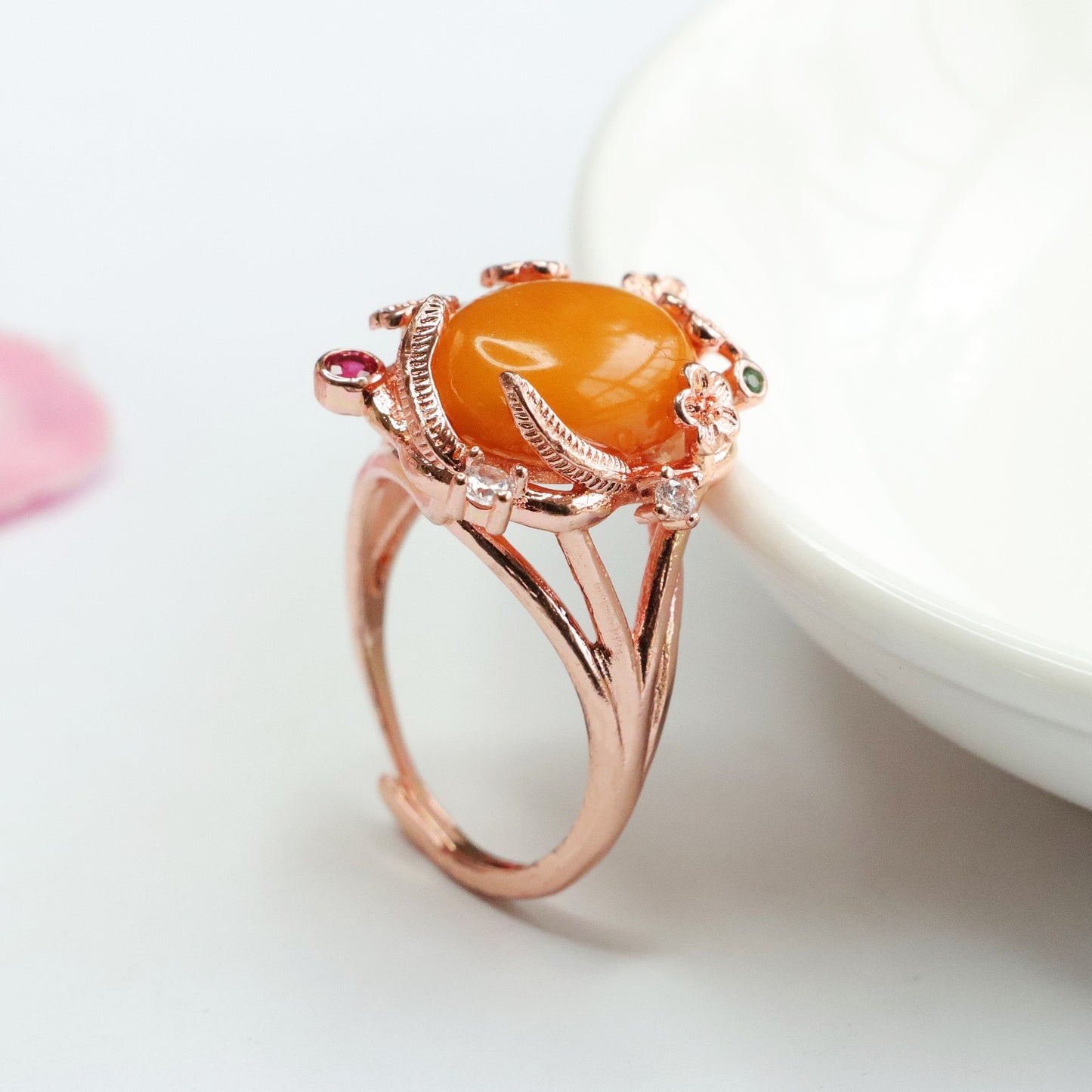 Honey Amber Ring with Zircon Accents