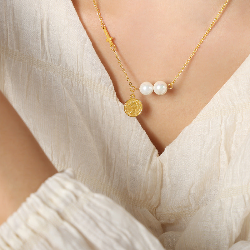 Golden Glow Pearl Necklace with Titanium Steel Pendant
