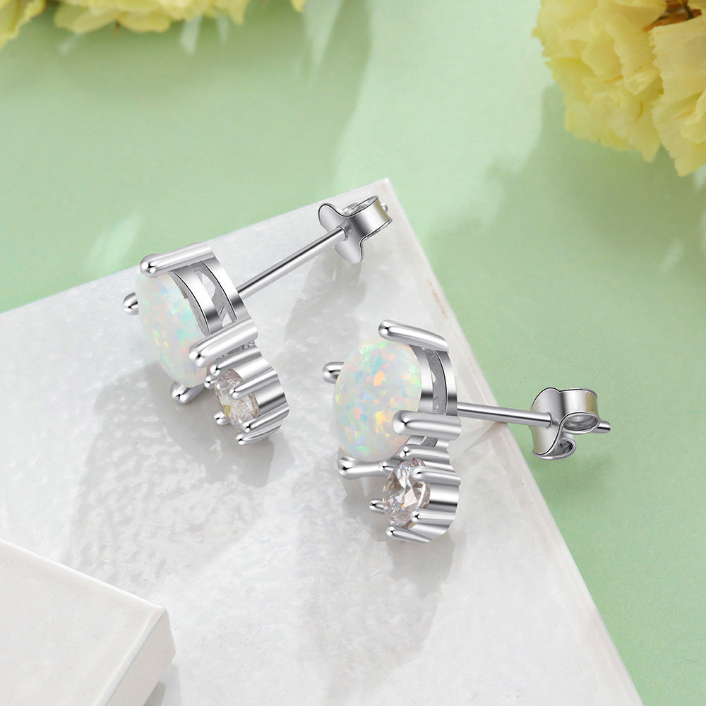 Planderful Jewelry Opal Stud Earrings Sterling Silver With Zircon Accents Elegant Light Luxury