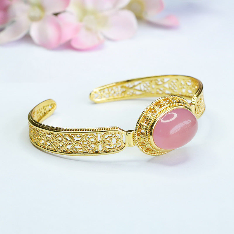 Pink Chalcedony Sterling Silver Bracelet with Golden Opening