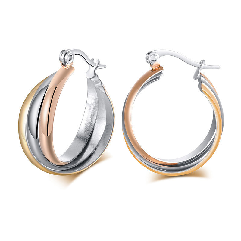 Korean Version Earrings Ins French Titanium Steel Three-Ring Jewelry