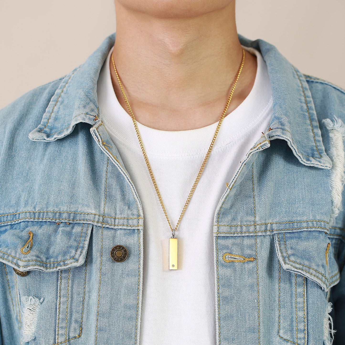 Stainless Steel Rhinestone Cuboid Urn Pendant Gold Necklace