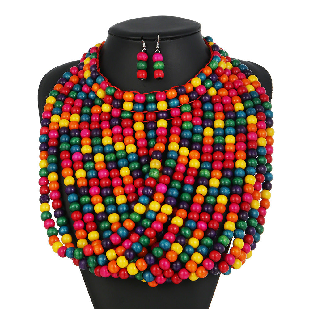 Exaggerated Wood Bead Tassel Necklace Set with Multi-layer Styling
