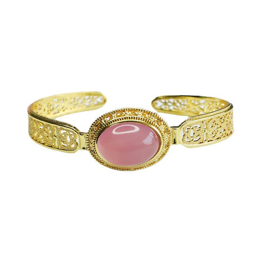 Pink Chalcedony Sterling Silver Bracelet with Golden Opening